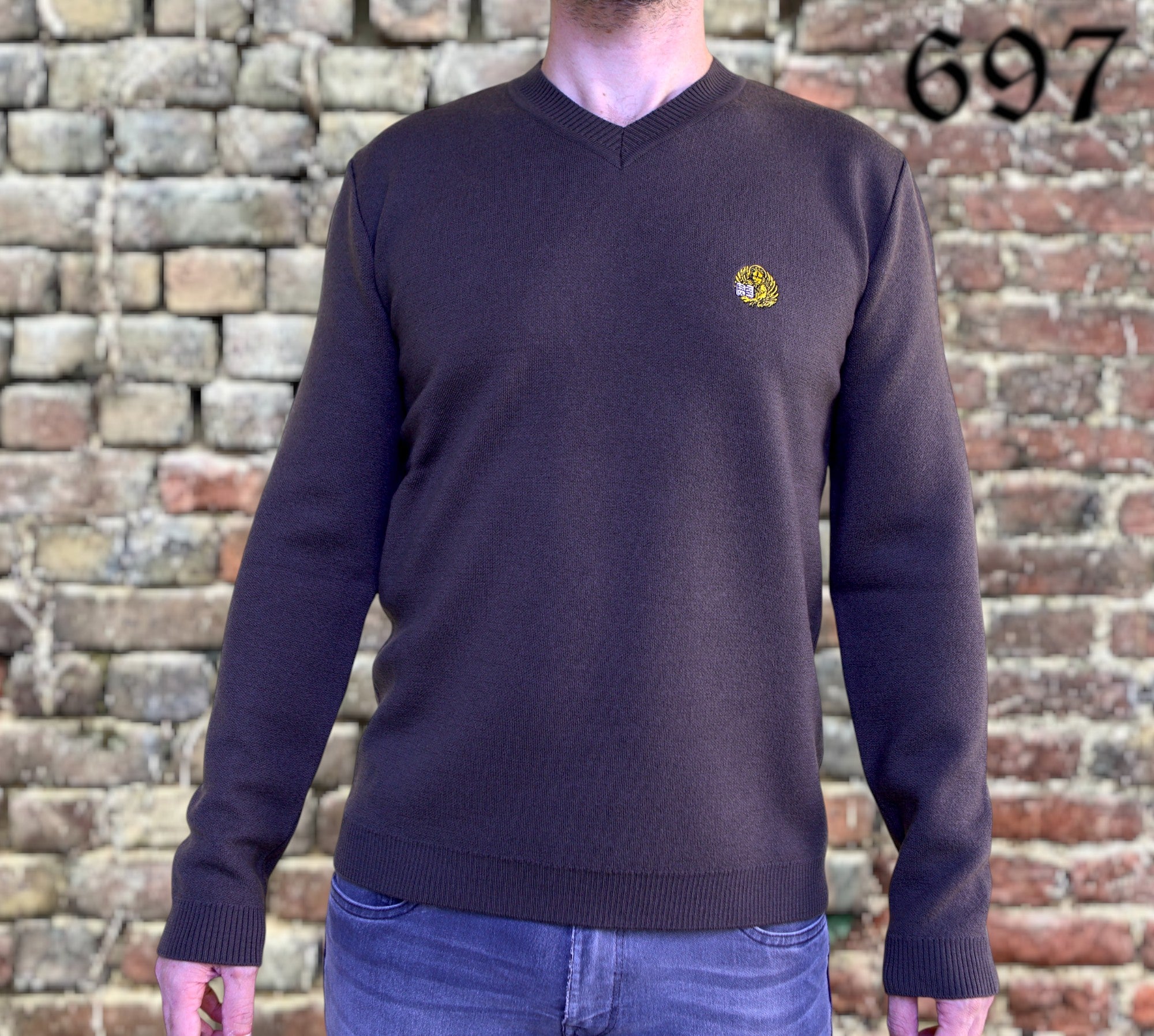 Maglione scollo V in lana con leone in moeca