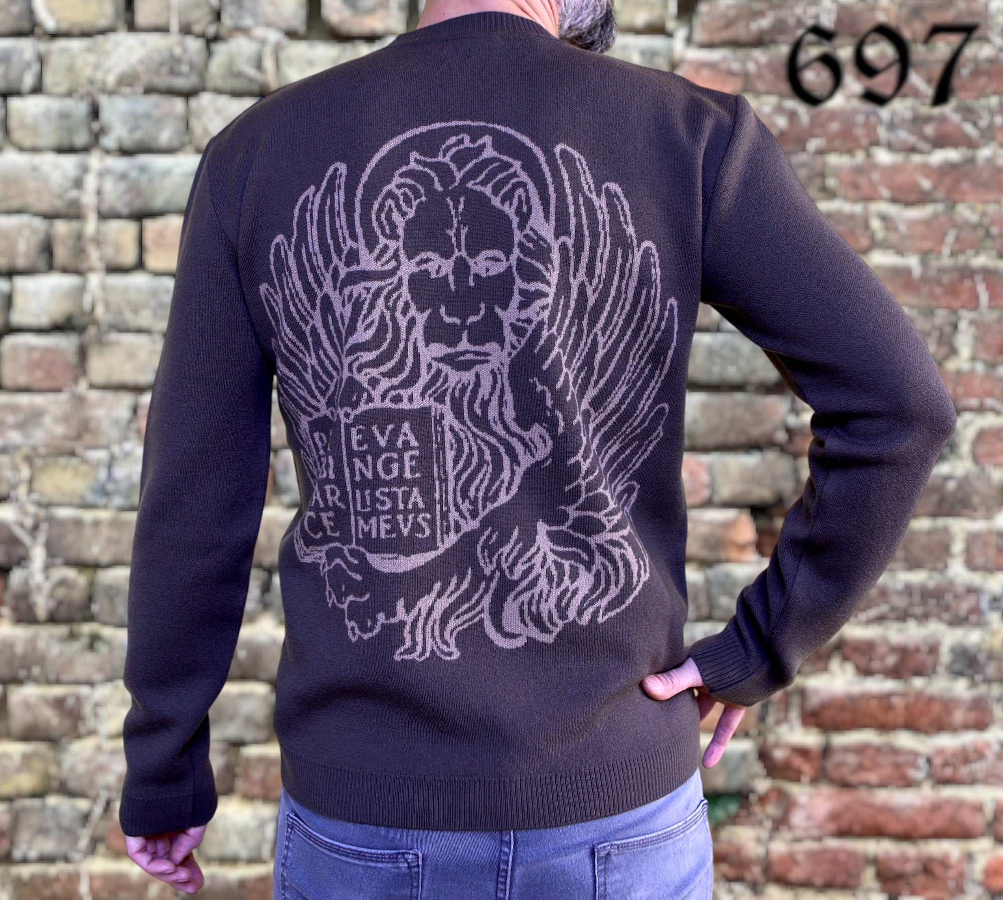 Maglione scollo V in lana con leone in moeca