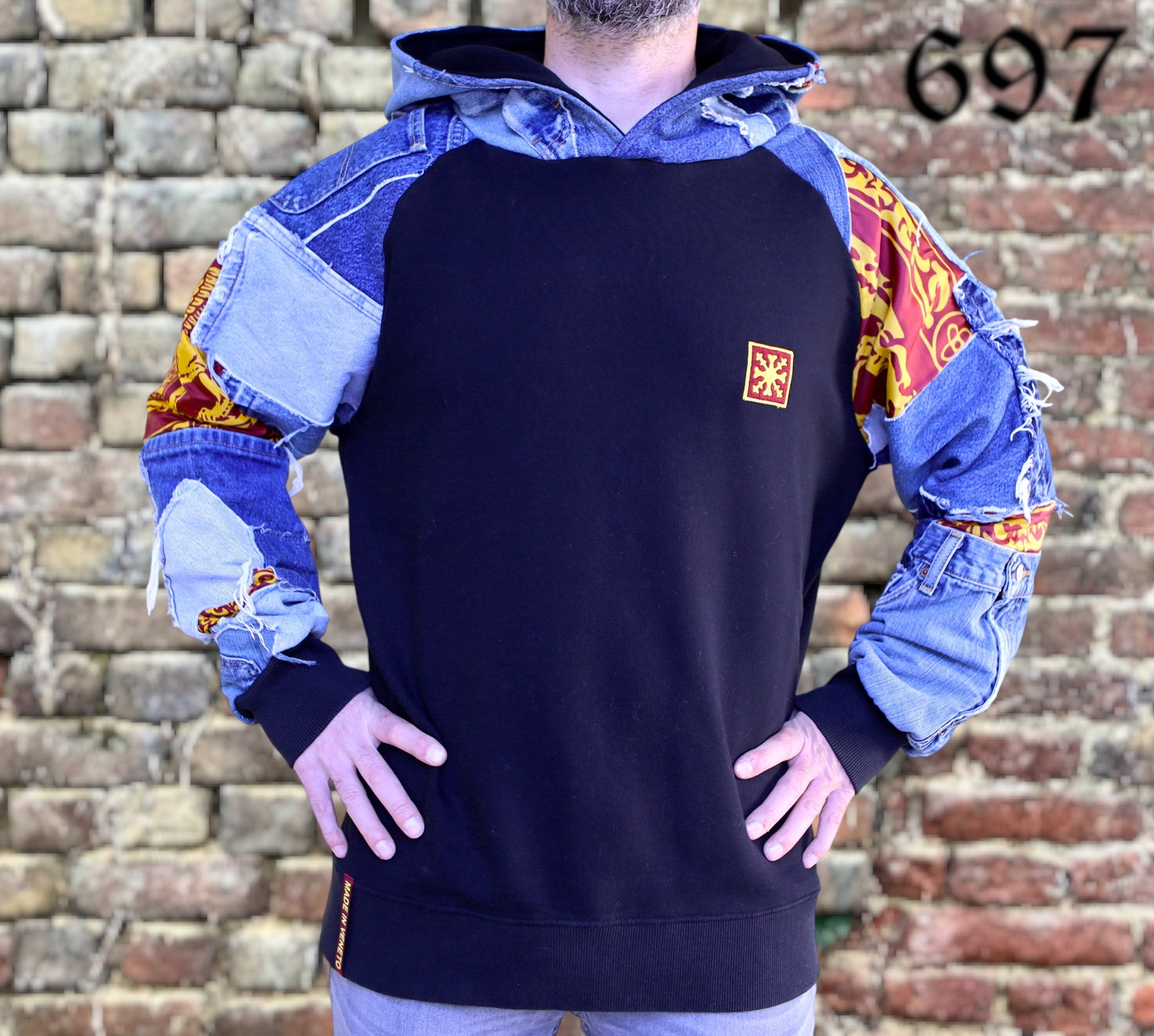 Felpa hoodie over con inserti Jeans vintage blu