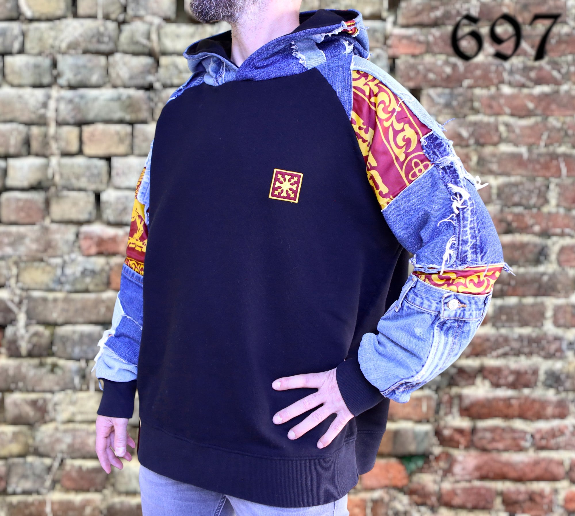 Felpa hoodie over con inserti Jeans vintage blu