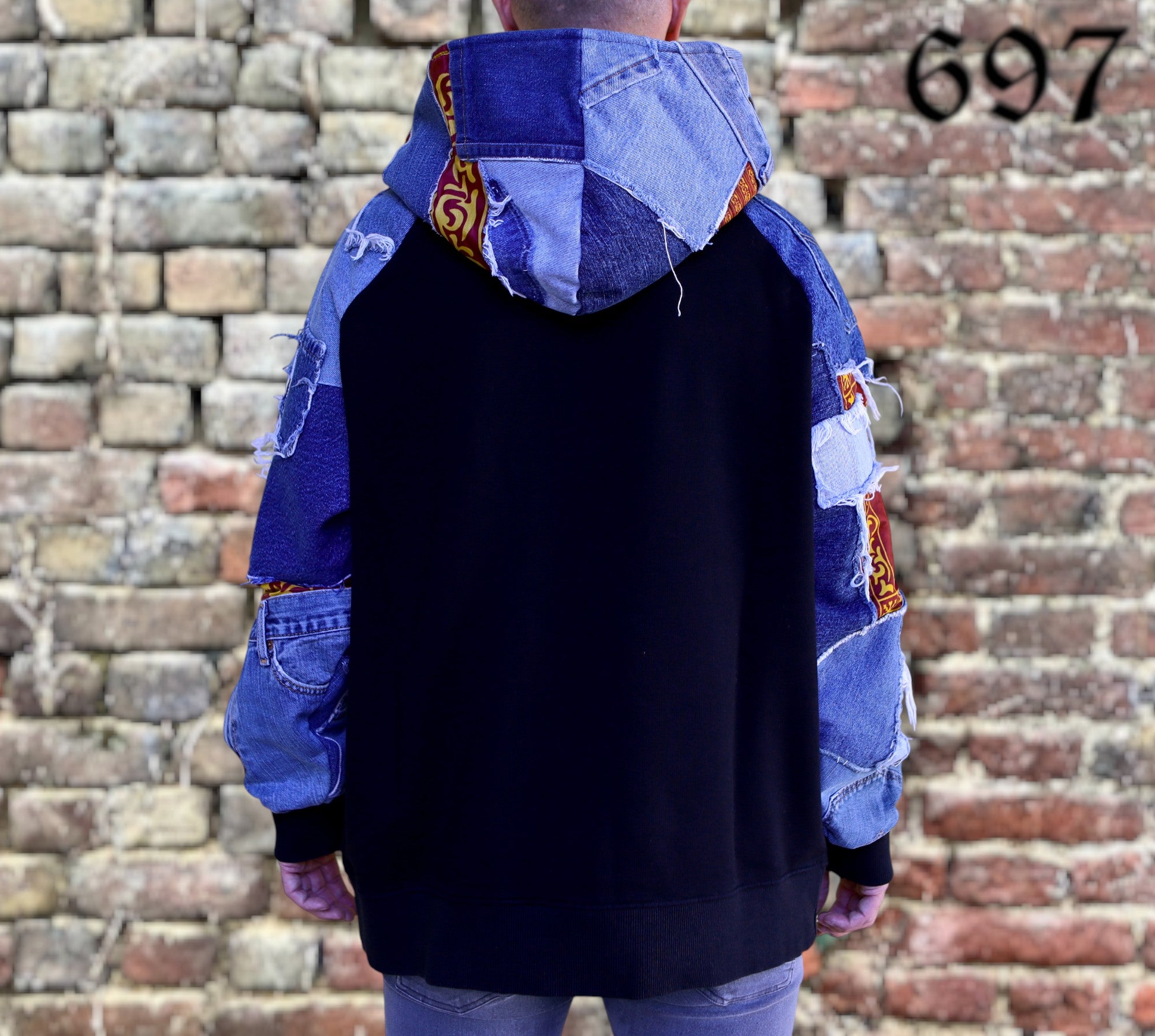 Felpa hoodie over con inserti Jeans vintage blu