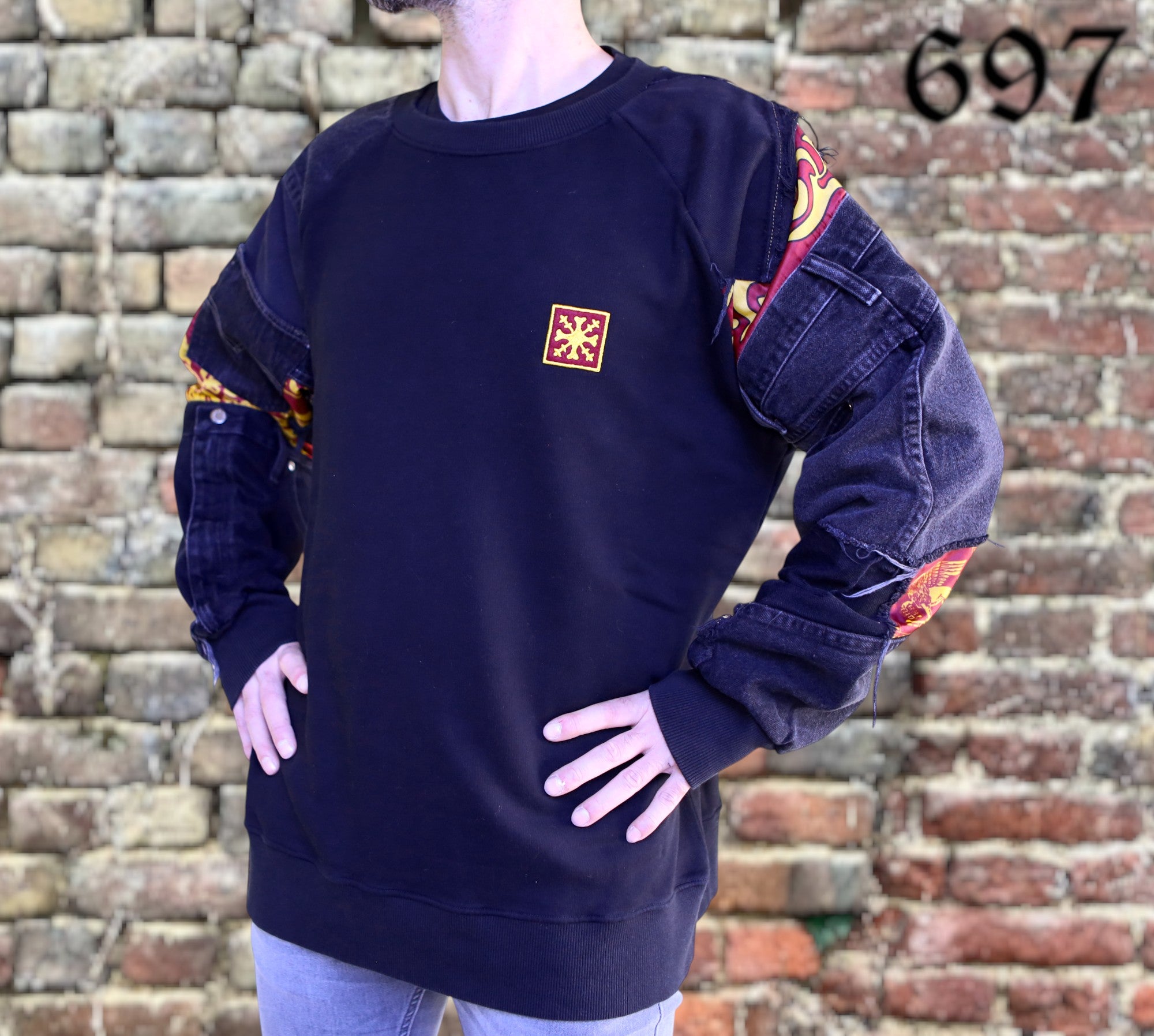 Felpa girocollo con inserti Jeans vintage nero