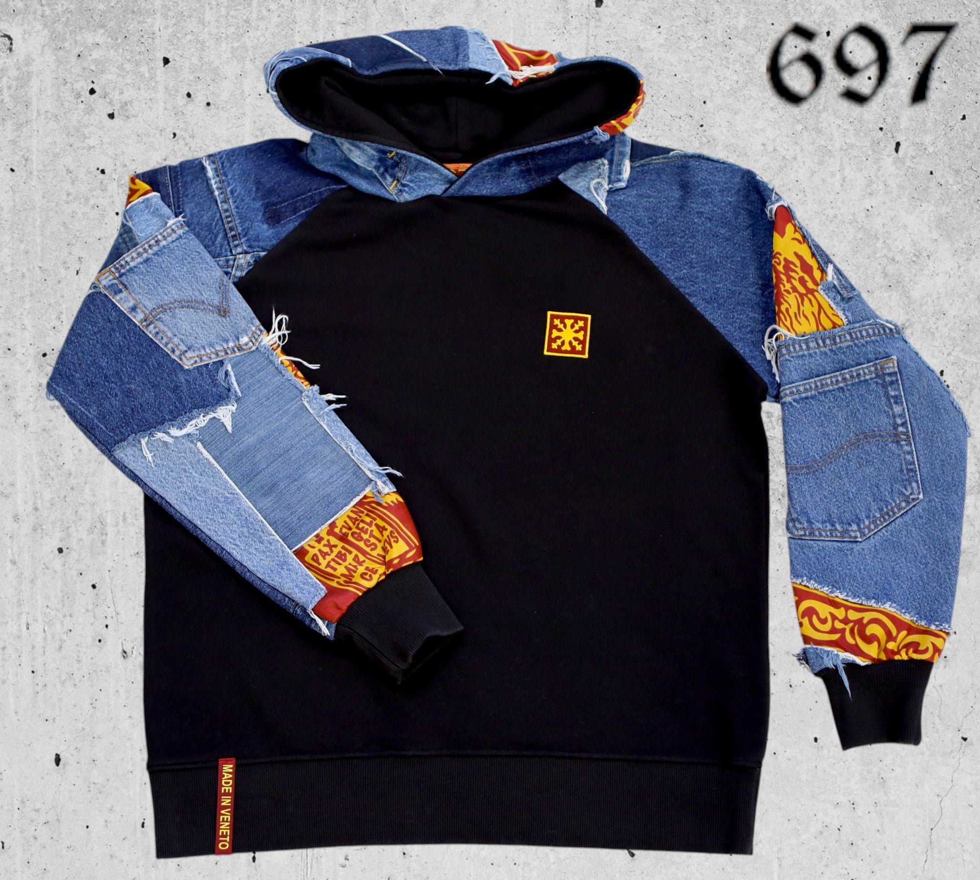 Felpa hoodie over con inserti Jeans vintage blu