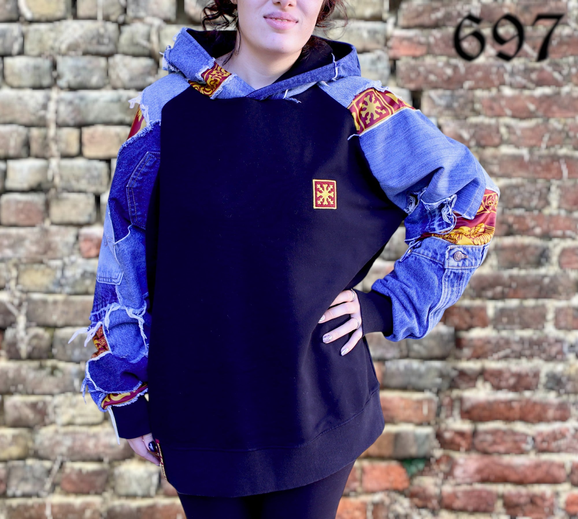 Felpa hoodie over con inserti Jeans vintage blu