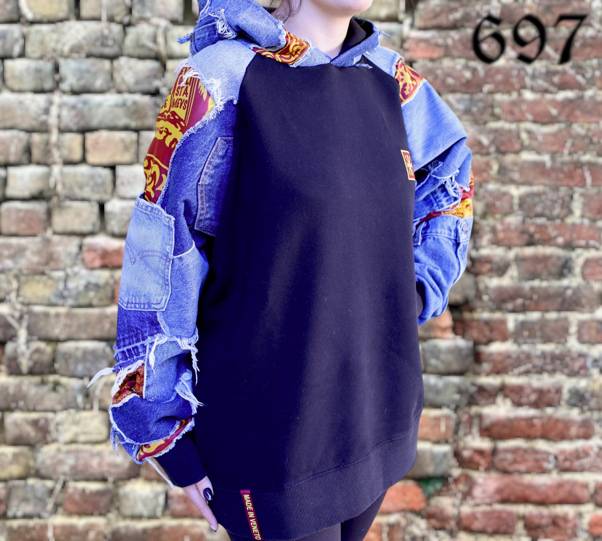 Felpa hoodie over con inserti Jeans vintage blu