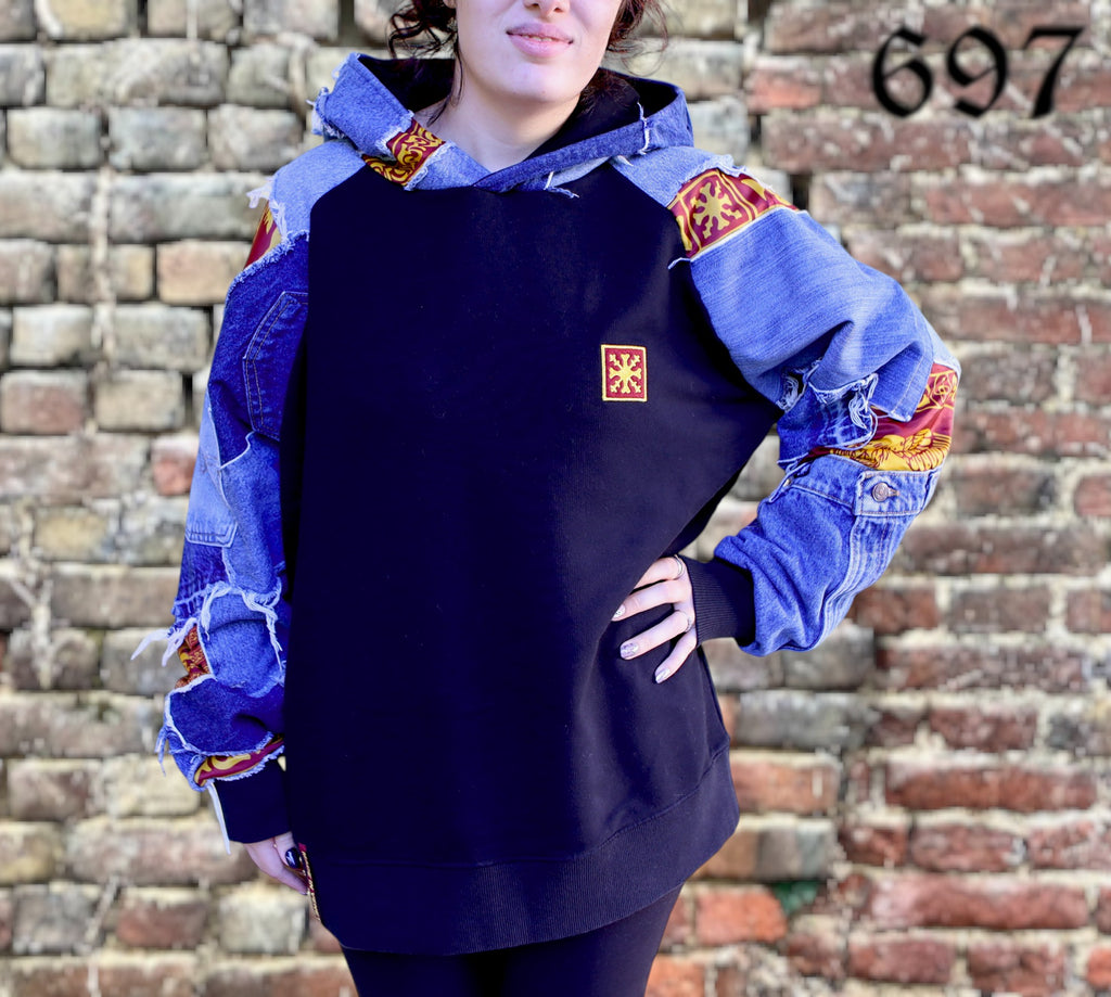 Felpa hoodie over con inserti Jeans vintage blu