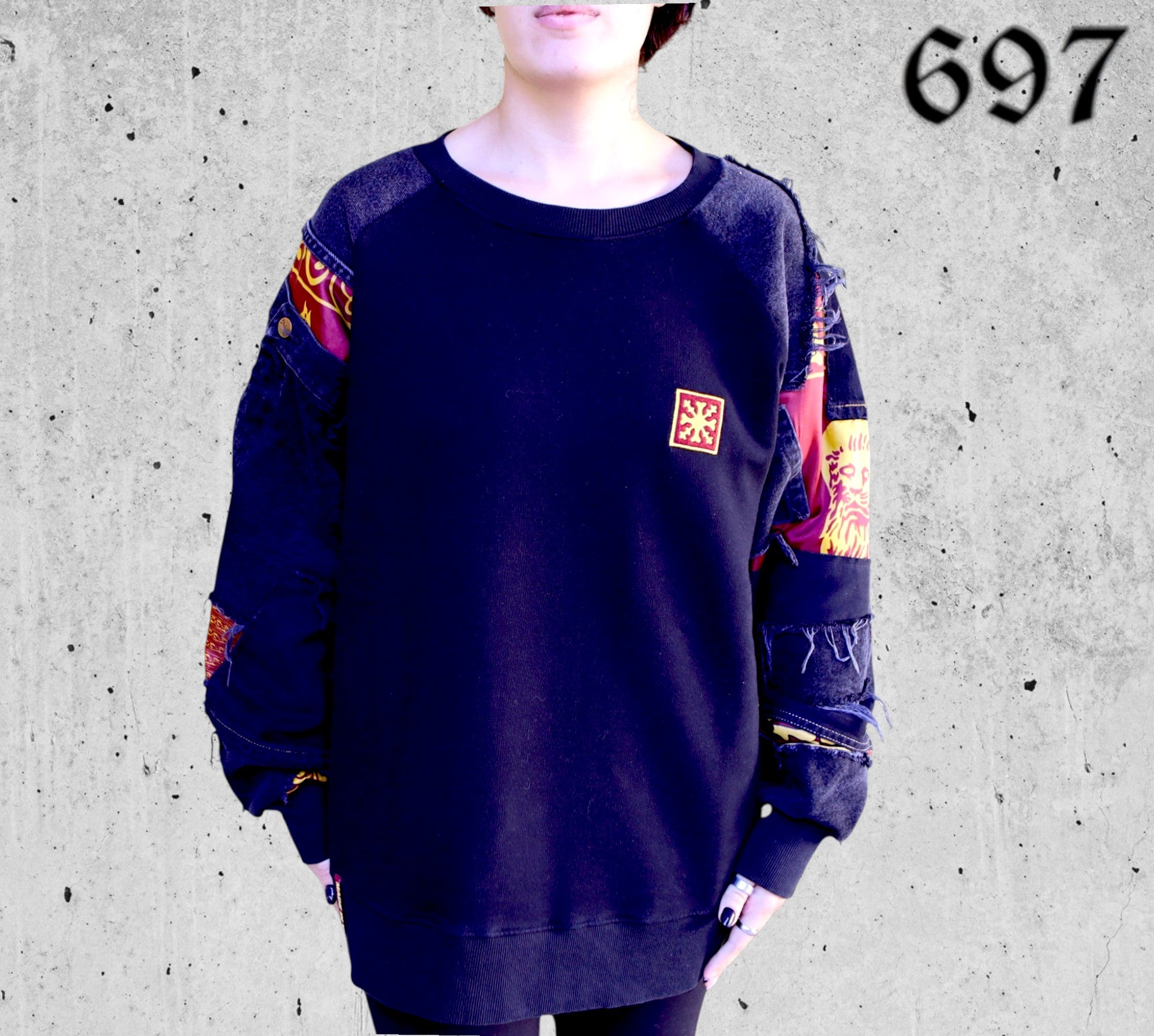 Felpa Girocollo con Inserti Jeans Vintage Nero