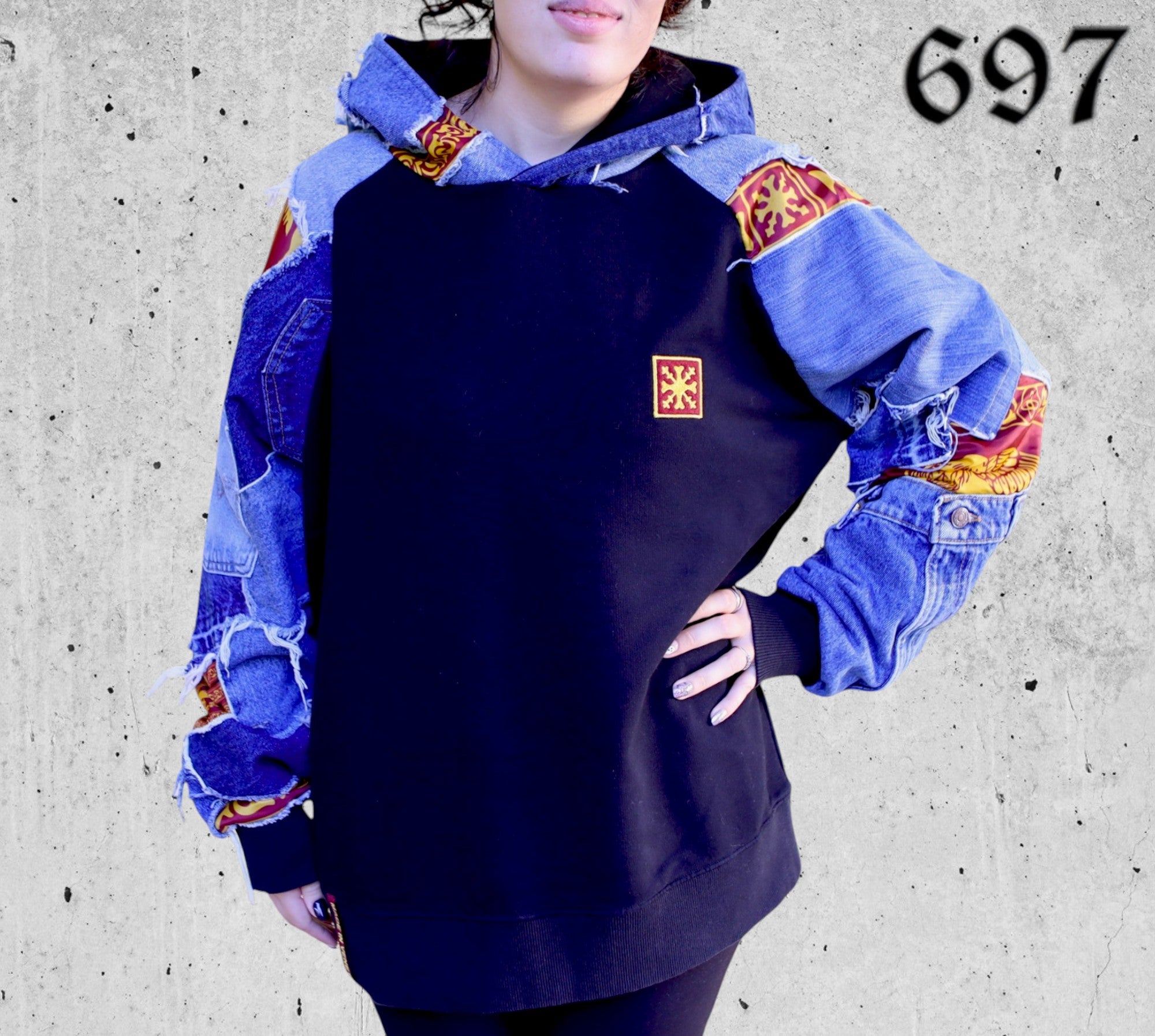 Felpa Hoodie Over con Inserti Jeans Vintage Blu