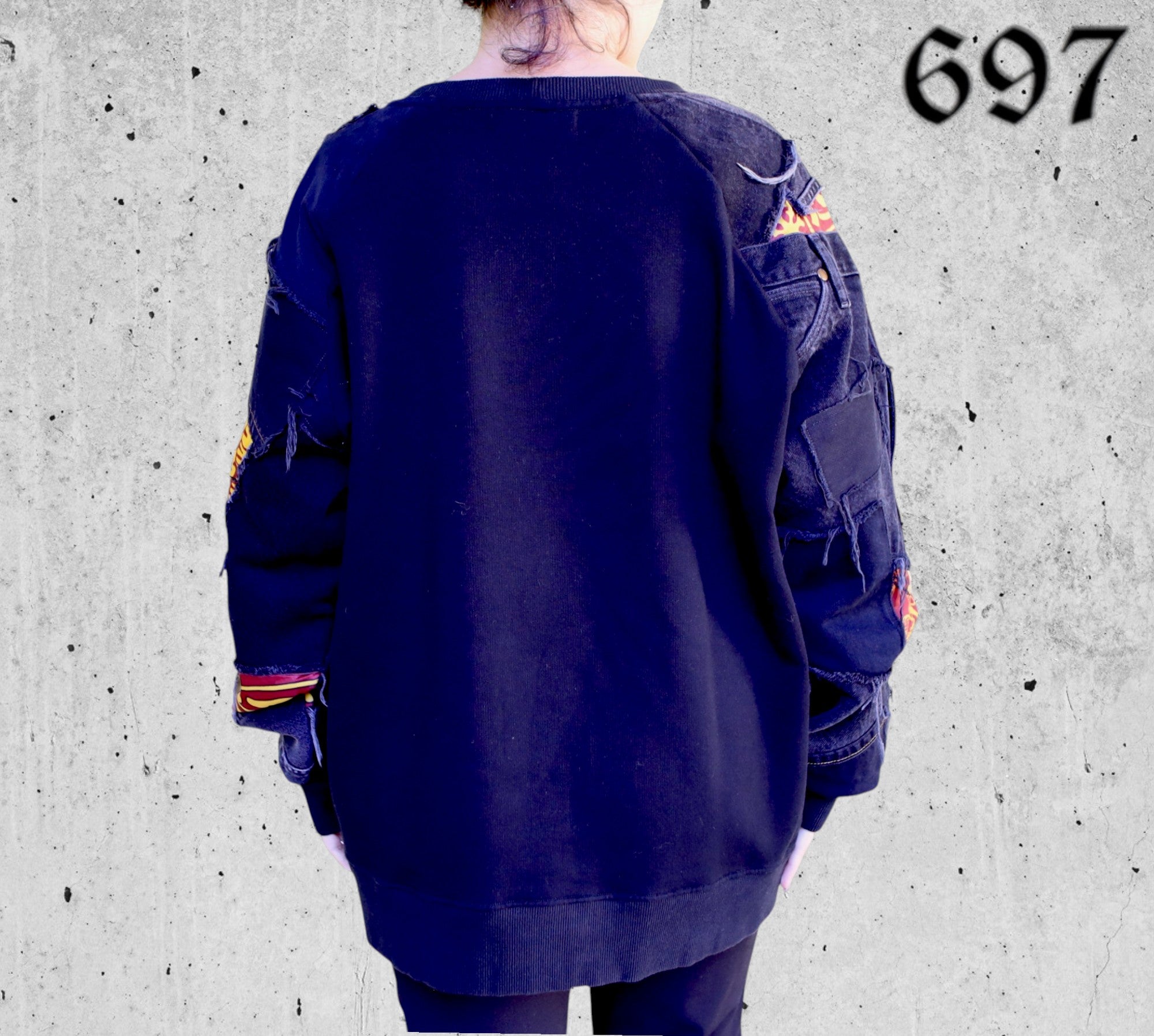 Felpa Girocollo con Inserti Jeans Vintage Nero