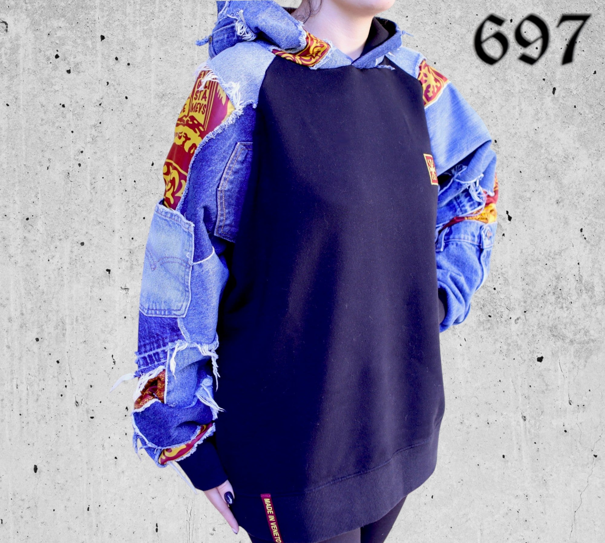 Felpa Hoodie Over con Inserti Jeans Vintage Blu