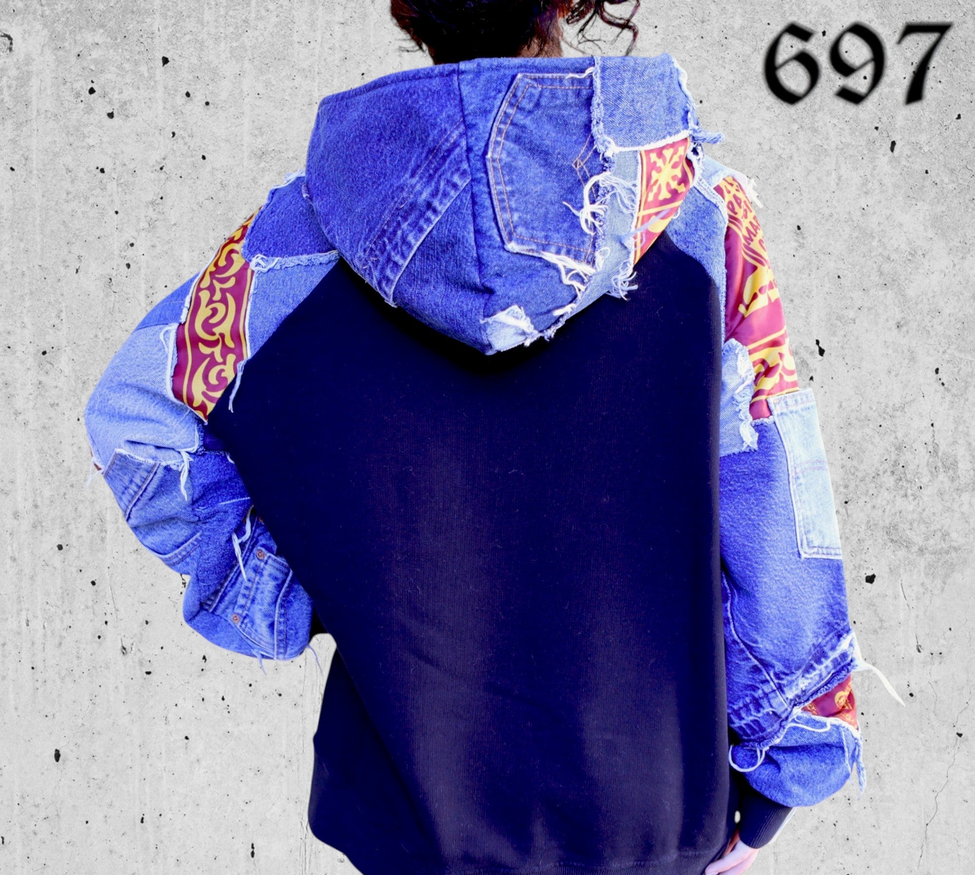 Felpa Hoodie Over con Inserti Jeans Vintage Blu