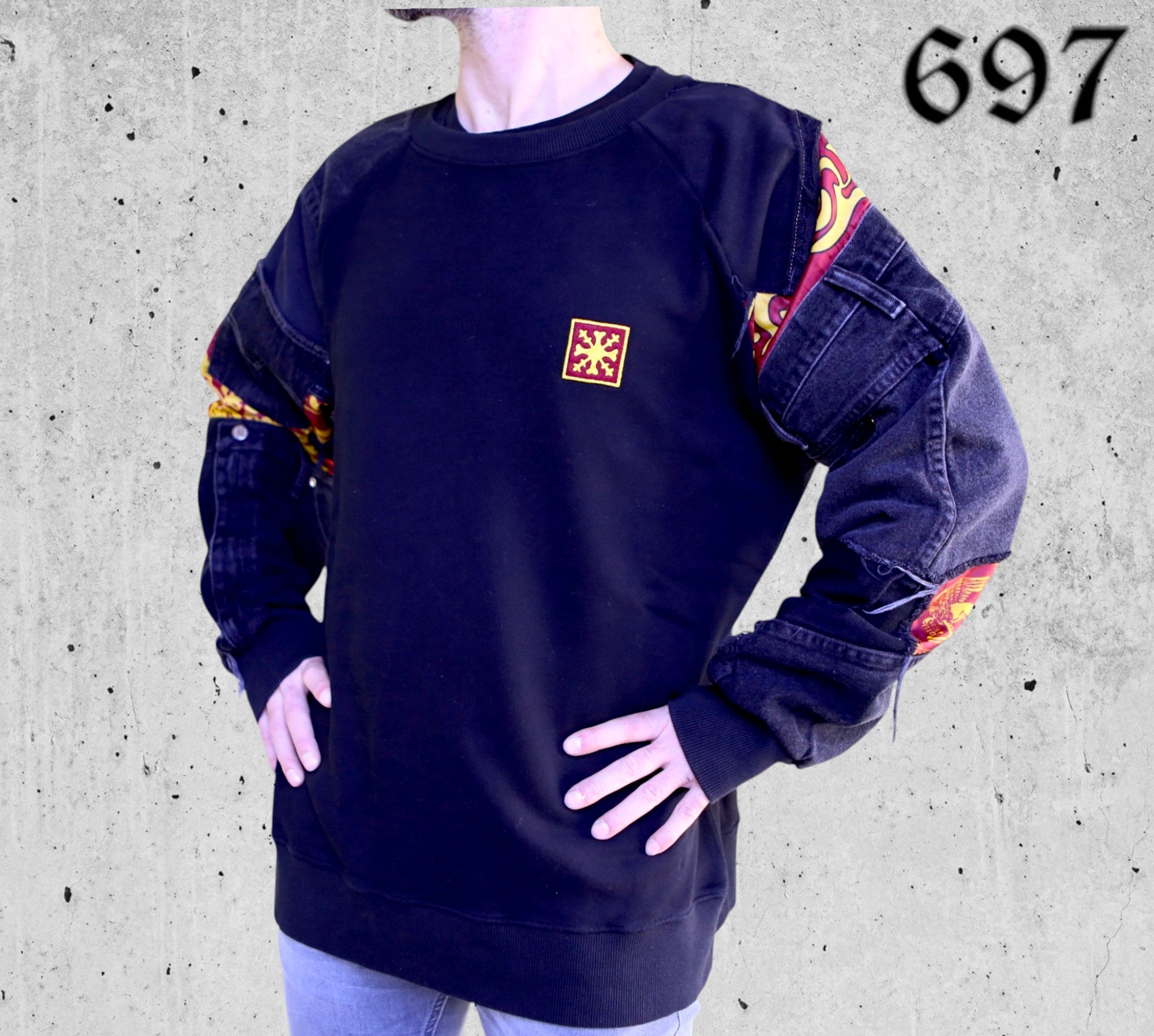 Felpa Girocollo con Inserti Jeans Vintage Nero