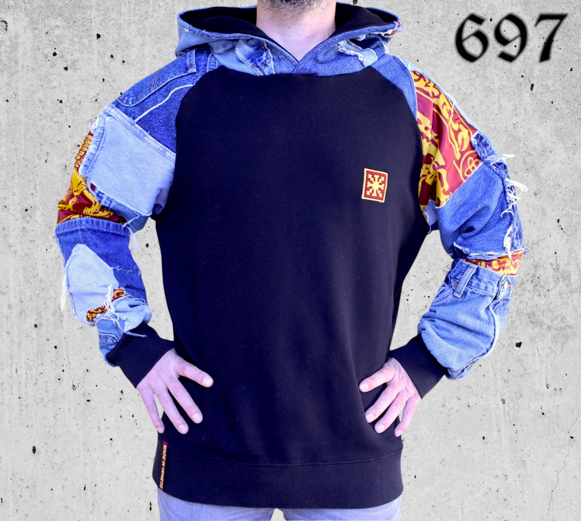 Felpa Hoodie Over con Inserti Jeans Vintage Blu