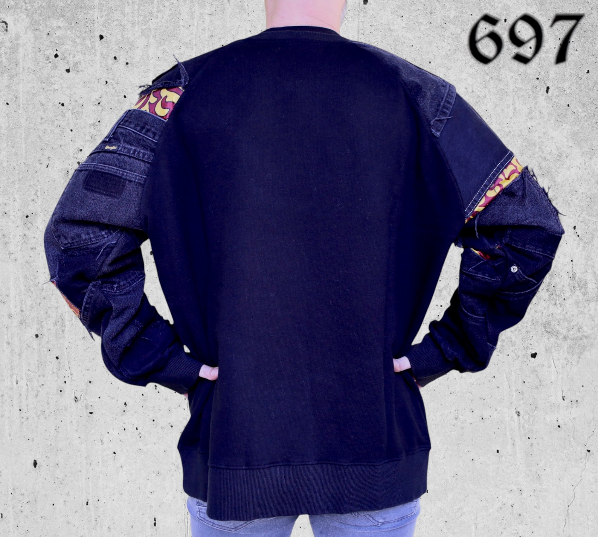 Felpa Girocollo con Inserti Jeans Vintage Nero