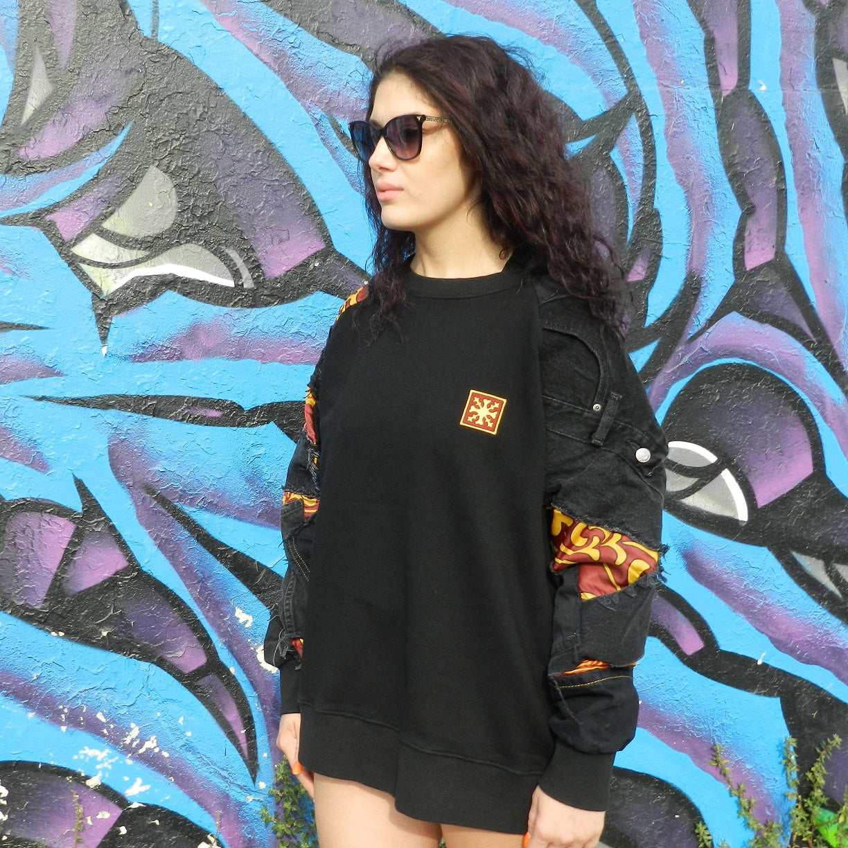 Felpa Girocollo con Inserti Jeans Vintage Nero